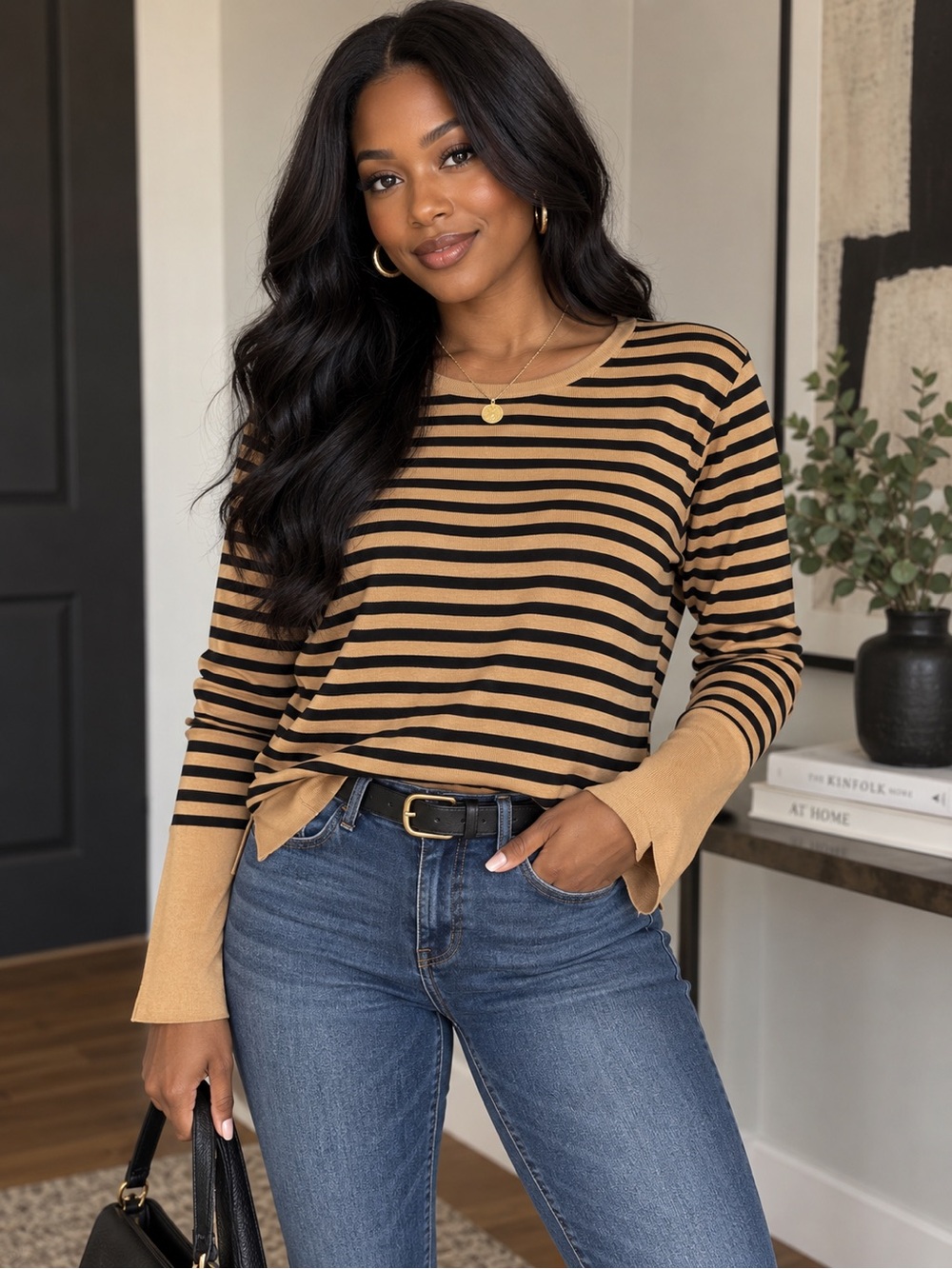 Eileen Fisher Striped Tencel Silk Knit Sweater Camel Black Size Large